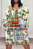 Grey Street Plaid Pocket Patchwork Contrast V Neck Printed Plus Size Dresses
