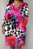 Baby Blue Street Plaid Flowers Pocket Contrast V Neck Printed Plus Size Dresses