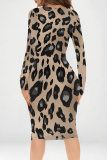 Green Sexy Camouflage Print Leopard Contrast V Neck Printed Dresses
