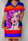 Black Street Graffiti Print Stripe Leopard Pocket Contrast V Neck Printed Plus Size Dresses