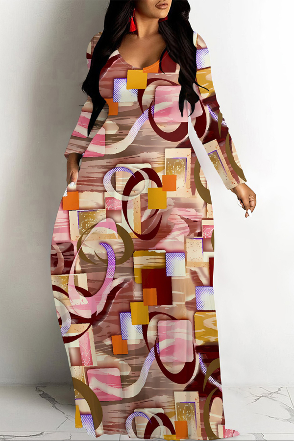 Colour Elegant Plaid Floral Print Pocket Contrast V Neck Printed Dresses