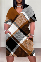 Brown Casual Plaid Stripe Chain print Pocket Contrast V Neck Printed Plus Size Dresses