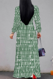 Green Casual The stars Leaves Lace Up Contrast V Neck Printed Dresses