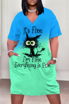 Turquoise Street Animal Print Flowers Letters Pocket Contrast V Neck Printed Plus Size Dresses