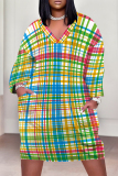 Grey Street Plaid Pocket Patchwork Contrast V Neck Printed Plus Size Dresses