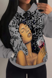 Dark Gray Street Figure Print Draw String Pocket Hooded Tops