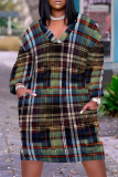 Grey Street Plaid Pocket Patchwork Contrast V Neck Printed Plus Size Dresses