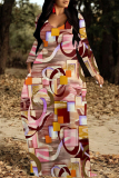 Beige Elegant Plaid Floral Print Pocket Contrast V Neck Printed Dresses