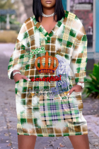 Green Yellow Street Plaid Pocket Patchwork Contrast V Neck Printed Plus Size Dresses
