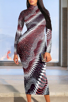 Red Street Stripe Splashed ink printing Contrast Half A Turtleneck Printed Dresses