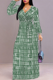 Green Casual The stars Leaves Lace Up Contrast V Neck Printed Dresses