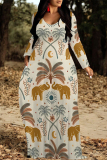 Beige Elegant Plaid Floral Print Pocket Contrast V Neck Printed Dresses