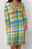 Grey Street Plaid Pocket Patchwork Contrast V Neck Printed Plus Size Dresses