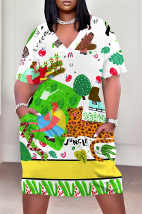 White Green Street Animal Print Flowers Letters Pocket Contrast V Neck Printed Plus Size Dresses