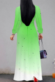 Green Casual The stars Leaves Lace Up Contrast V Neck Printed Dresses