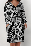 Baby Blue Street Plaid Flowers Pocket Contrast V Neck Printed Plus Size Dresses