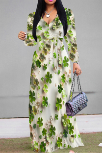 White Green Casual The stars Leaves Lace Up Contrast V Neck Printed Dresses