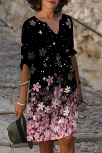 Black Pink Casual Geometric Print Flowers Contrast V Neck Printed Dresses