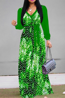 Greenish Gray Casual The stars Leaves Lace Up Contrast V Neck Printed Dresses