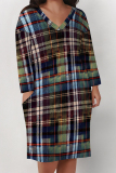 Grey Street Plaid Pocket Patchwork Contrast V Neck Printed Plus Size Dresses