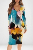 Purple Elegant Floral Print Contrast V Neck Printed Dresses