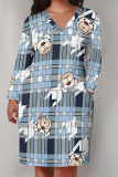 Baby Blue Street Plaid Flowers Pocket Contrast V Neck Printed Plus Size Dresses