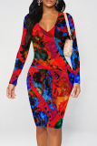 Purplish Blue Street Geometric Print Heart Pattern Contrast V Neck Printed Dresses
