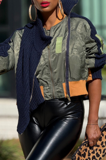 Navy Blue Casual Patchwork Contrast Zipper Collar Outerwear