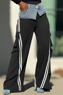 Black Casual Stripe Pocket Patchwork Straight High Waist Straight Patchwork Trousers