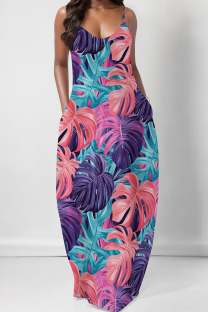 Blue Pink Elegant Print Pocket Patchwork Spaghetti Strap Sling Dresses