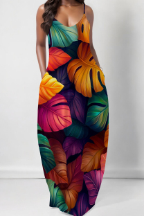 Orange Green Elegant Print Pocket Patchwork Spaghetti Strap Sling Dresses