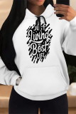 White Casual Letter Print Draw String Pocket Contrast Hooded Tops