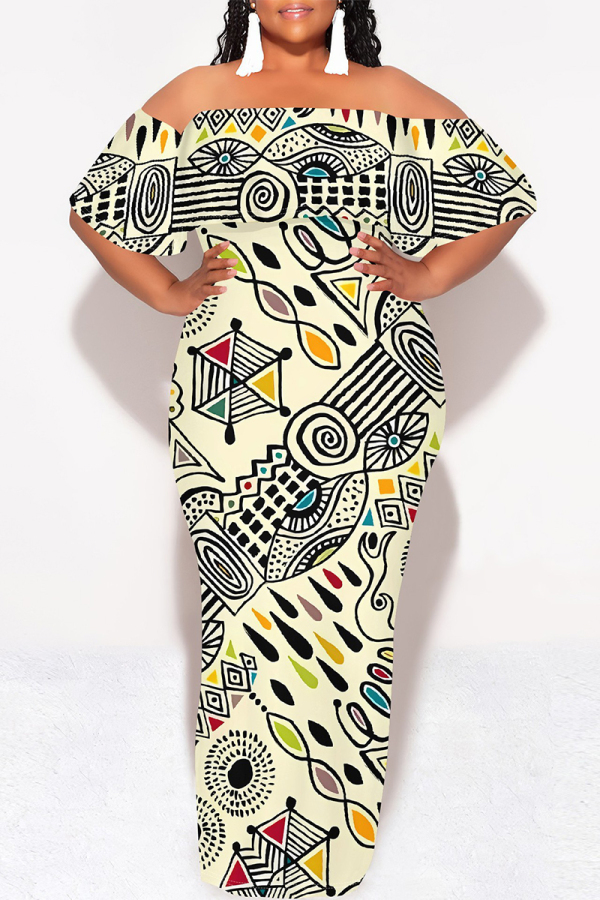 Light Yellow Sexy Geometric Print Ruffle Contrast Off Shoulder Long Dresses