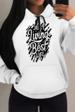White Casual Letter Print Draw String Pocket Contrast Hooded Tops