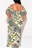 Gray Blue Sexy Geometric Print Ruffle Contrast Off Shoulder Long Dresses