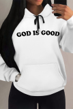 Black Casual Letter Print Draw String Pocket Hooded Tops