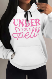 White Purple Casual Letter Print Draw String Pocket Contrast Hooded Tops