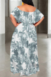 Grey Black Elegant Floral Print Ruffle Contrast Off Shoulder Long Dresses