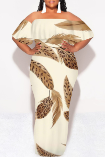 Beige Sexy Geometric Print Ruffle Contrast Off Shoulder Long Dresses