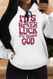 Black Casual Letter Print Draw String Pocket Hooded Tops