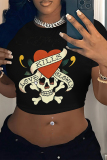 Grey Street Letter Print Heart Shaped Lips Contrast O Neck T-Shirts