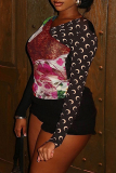 Black Casual Print Patchwork V Neck Tops