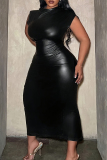 Black Casual Solid Color Patchwork Slit O Neck Long Plus Size Dresses