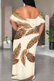 Gray Blue Sexy Geometric Print Ruffle Contrast Off Shoulder Long Dresses