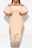 Gray Blue Sexy Geometric Print Ruffle Contrast Off Shoulder Long Dresses