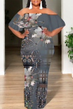 Gray Blue Sexy Geometric Print Ruffle Contrast Off Shoulder Long Dresses