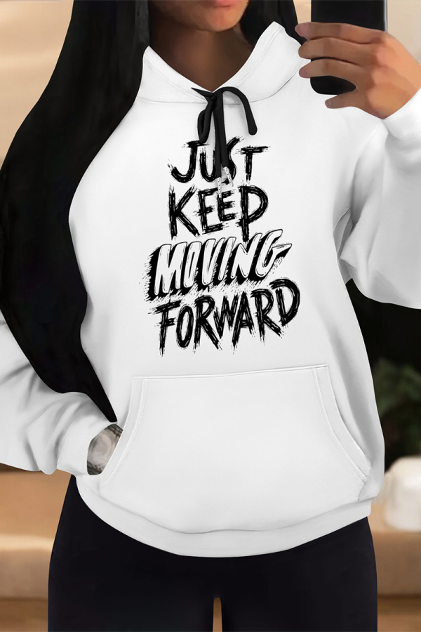 Black White Casual Letter Print Draw String Pocket Contrast Hooded Tops