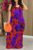 Purplish Blue Sexy Floral Print Contrast O Neck Printed Dresses