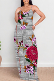 Black Gold Sexy Plaid Floral Print Contrast V Neck Printed Dresses