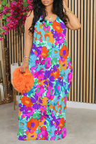 Purplish Blue Sexy Floral Print Contrast O Neck Printed Dresses